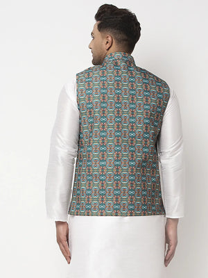 Kalyum Men's Teal Blue & Multi Printed Nehru Jacket - Distacart