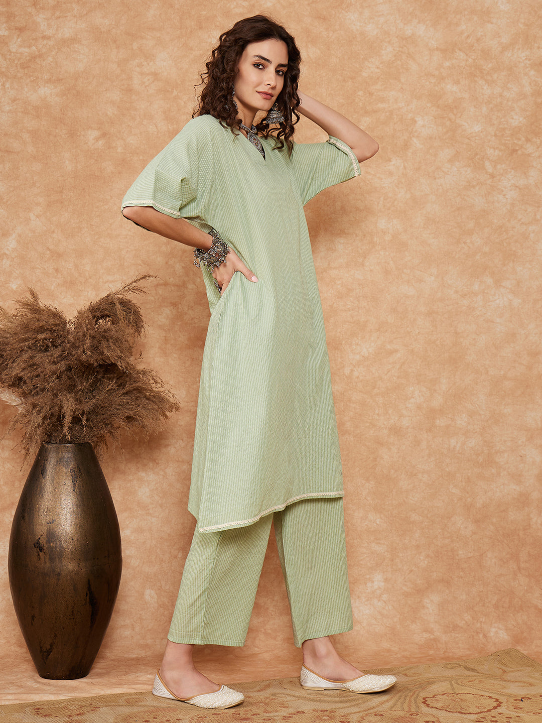 InWeave Women's Sage Green Kantha Lace Wrok Kimono Sleeve Kurta Set - Distacart