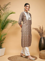 Thumbnail for InWeave Women's Green Red Ajrakh Print Cotton Patch Work Straight Kurta - Distacart