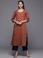 Thumbnail for Varanga Rust Floral Printed Straight Kurta With Hand Work Detailigs - Distacart