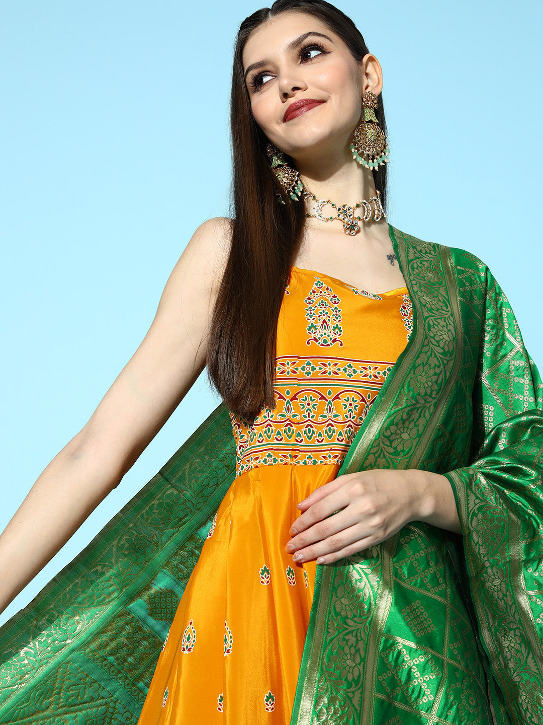 InWeave Women's Mustard Foil Print Strappy With Green Brocade Dupatta - Distacart