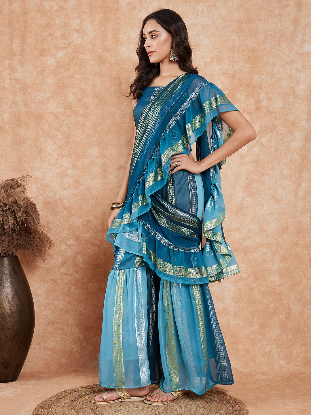 InWeave Women's Teal Shaded Lurex Frill Sharara Saree - Distacart