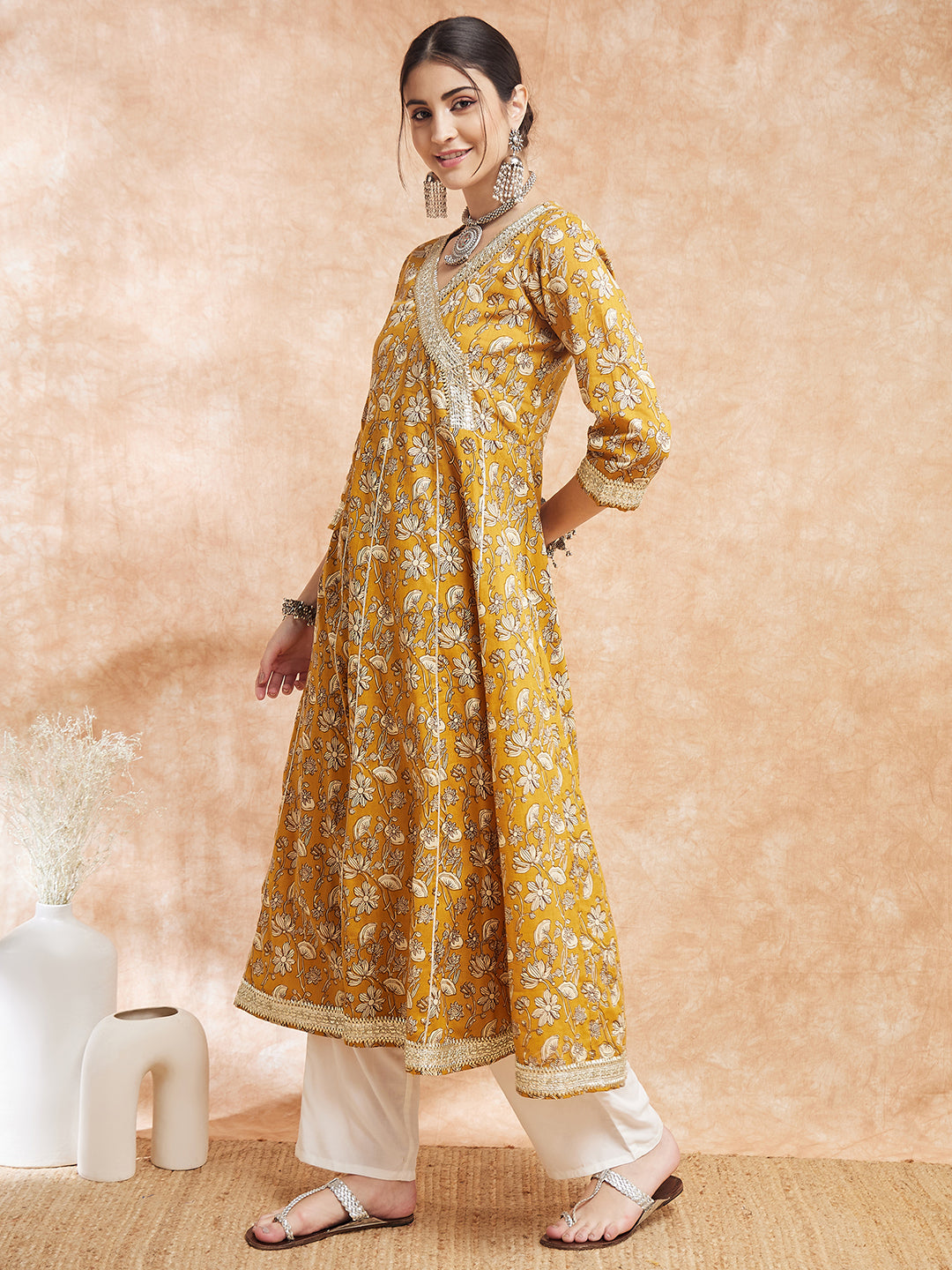 InWeave Women's Mustard Printed Gota Embroidered Anarkali Kurta - Distacart