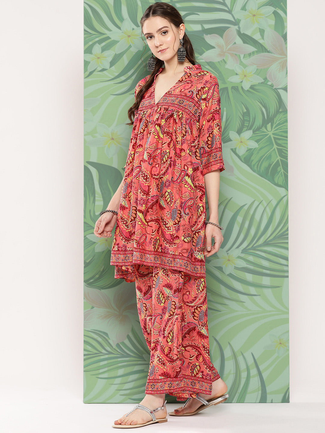 InWeave Women's Peach Camelia Printed Ethnic Kurta Set - Distacart