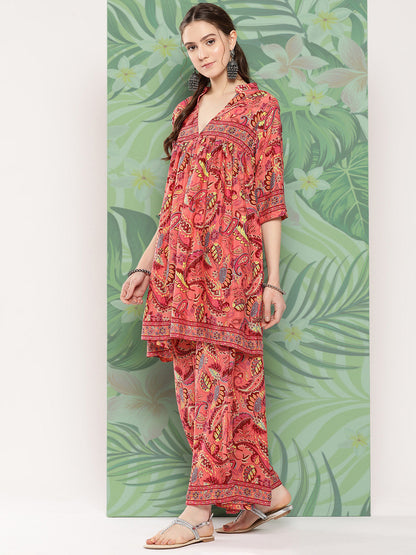 InWeave Women's Peach Camelia Printed Ethnic Kurta Set - Distacart