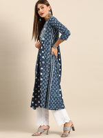 Thumbnail for Varanga Mix And Match Navy Blue And White Printed Paneled Kurta With Round Neckline And 3/4Th Sleeves - Distacart