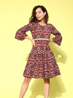 Thumbnail for InWeave Women's Wine Pink Ikkat Print Short Dress - Distacart