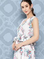 Thumbnail for InWeave Women's White Floral Paisley Print Long Frill Dress - Distacart