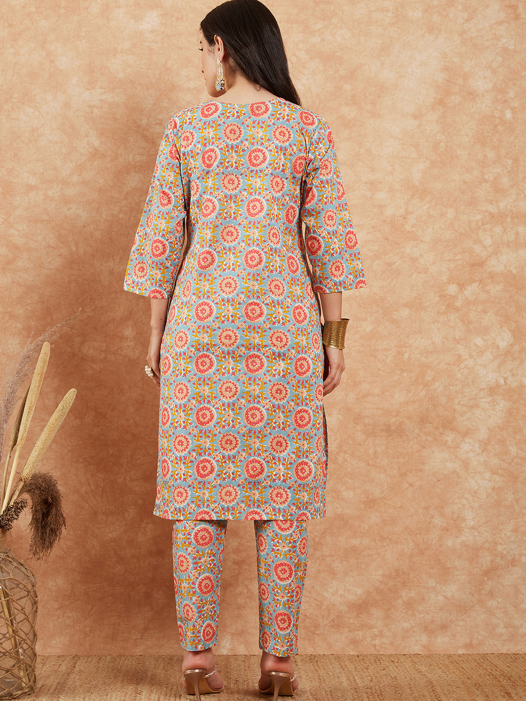 InWeave Women's Light Blue Floral Jaal Gota Work Straight Kurta Pant Set - Distacart