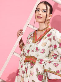 Thumbnail for Ahalyaa Women Floral Printed Flared Sleeves Thread Work Crepe Kaftan Kurta - Distacart