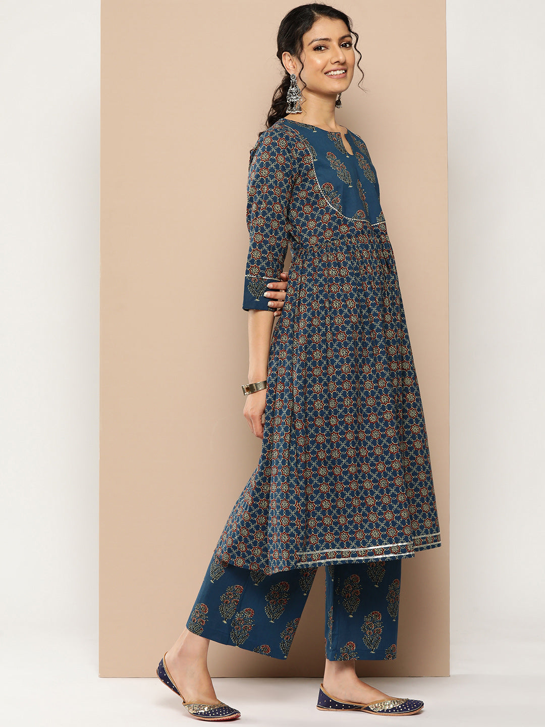 KSUT (House of Varanga) Blue And Rust Yoke Style Anarkali Paired With Printed Palazzo And Ombre Dupatta - Distacart