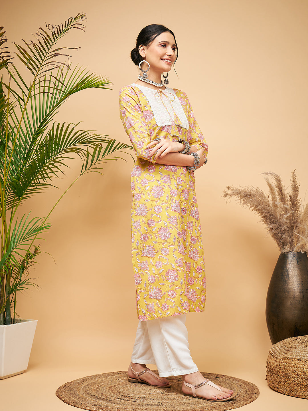 InWeave Women's Lime Pink Print Patch Cotton Straight Kurta - Distacart