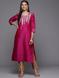 Thumbnail for Varanga Pink Embroidered Straight Kurta With Three Quarter Sleeves - Distacart