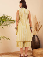 Thumbnail for InWeave Women's Light Yellow Lurex Kantha Mandarin Neck Kurta Palazzo Set - Distacart