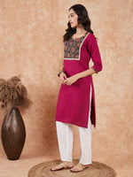 Thumbnail for InWeave Women's Wine Printed Neck Patch Work Straight Kurta - Distacart