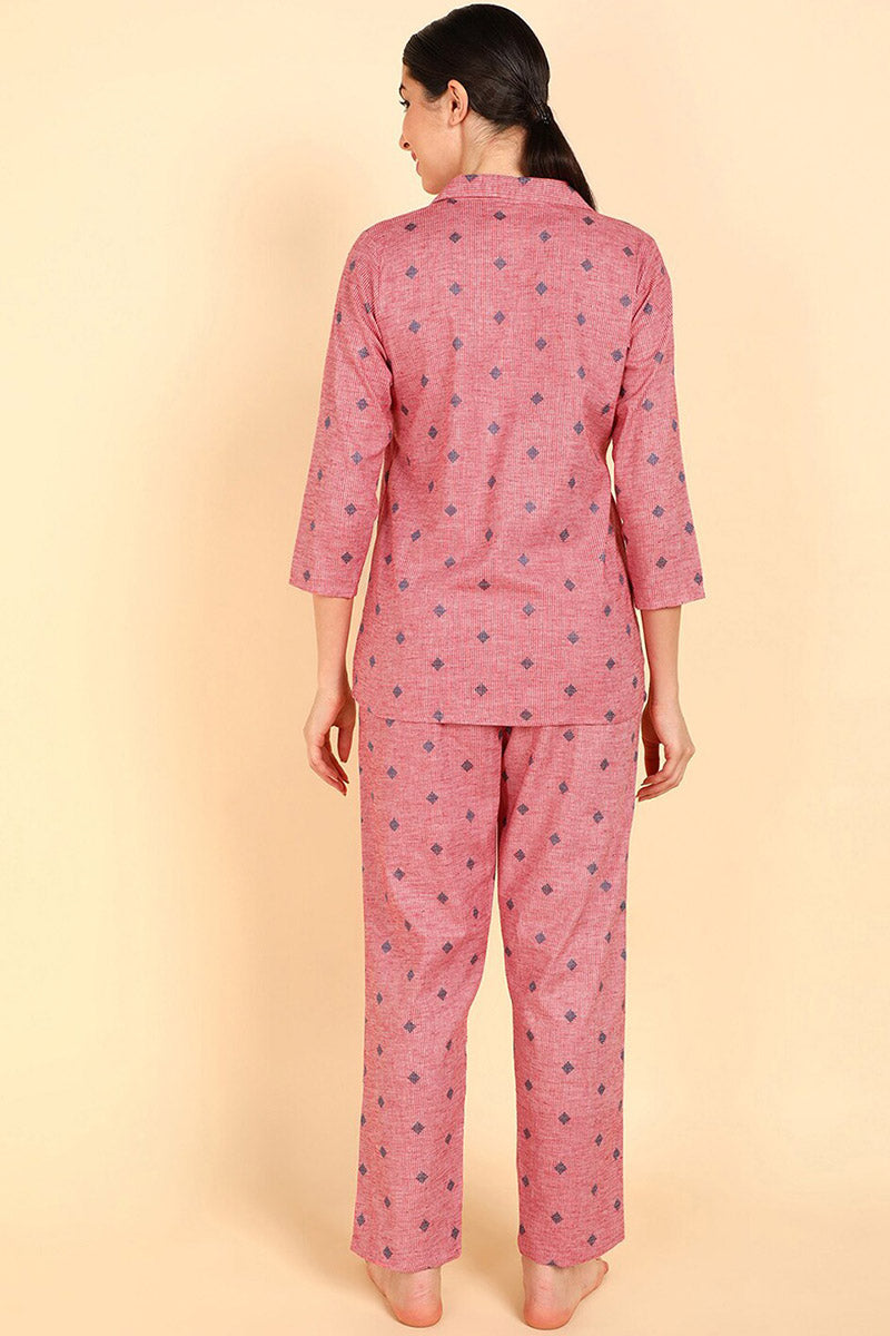 Women's Pink Pure Cotton Geometric Print Night Suit - Rasiya - Distacart