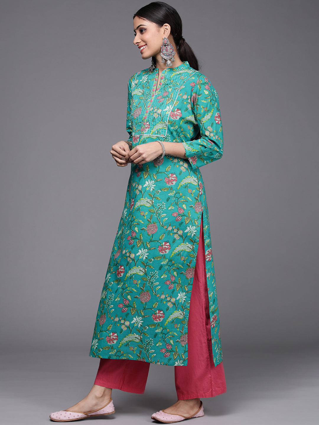 Varanga Women Turq Printed Cotton Kurta With Silver Gotta Lace Detailings - Distacart