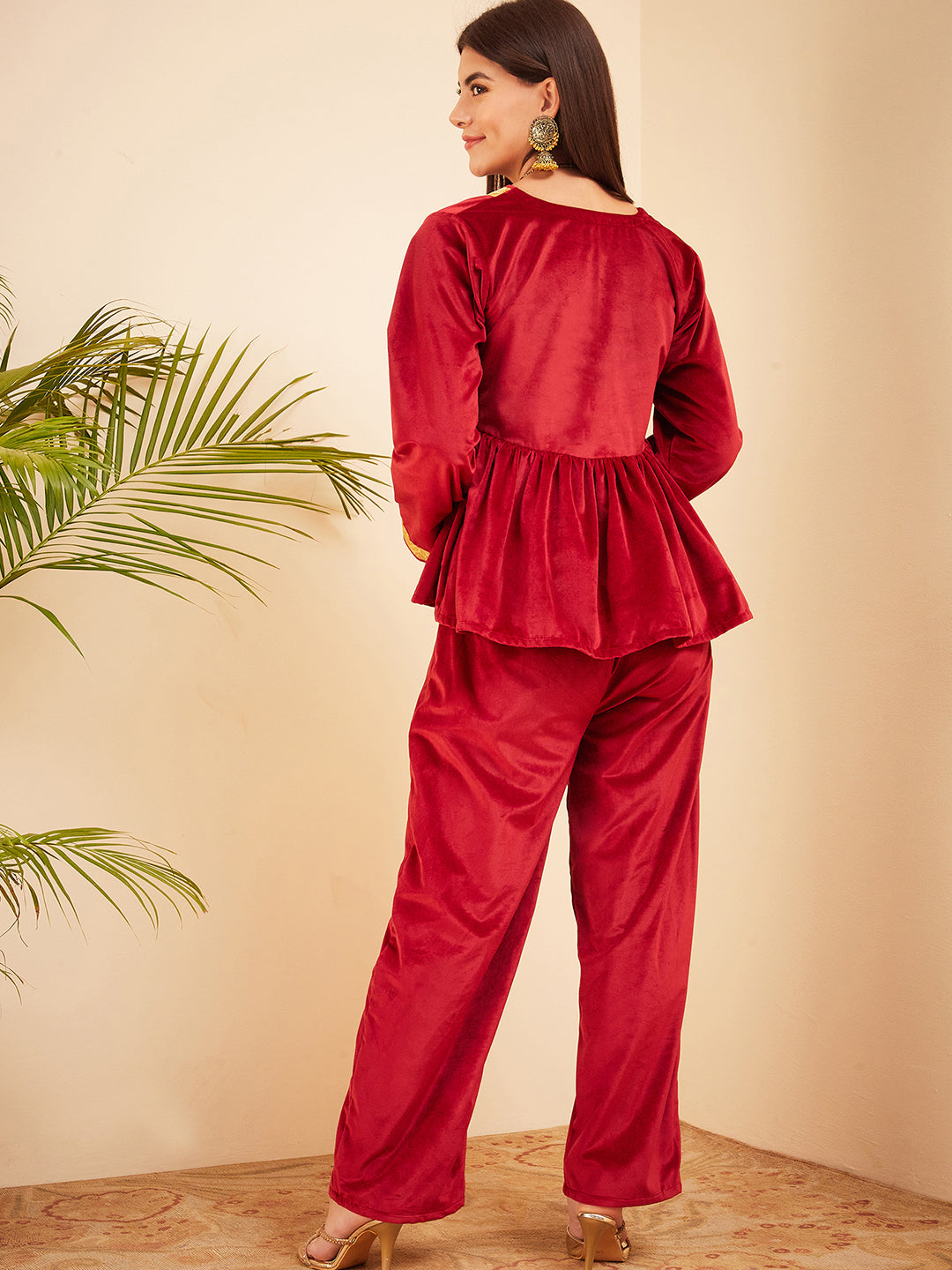 InWeave Women's Barn Red Mughal Shaan Style Velvet Short Kurta Set - Distacart