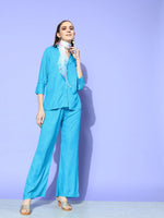 Thumbnail for InWeave Women's Aqua Blue Coord Set With White Butterfly Scarf - Distacart