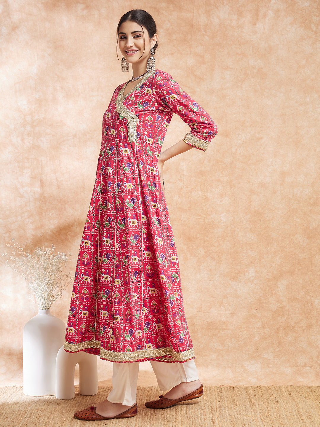 InWeave Women's Pink Patola Printed Gota Embroidered Anarkali Kurta - Distacart