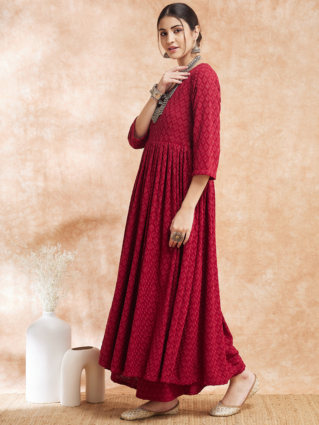 InWeave Women's Maroon Chikankari Long Anarkali Kurta Sharara Set - Distacart