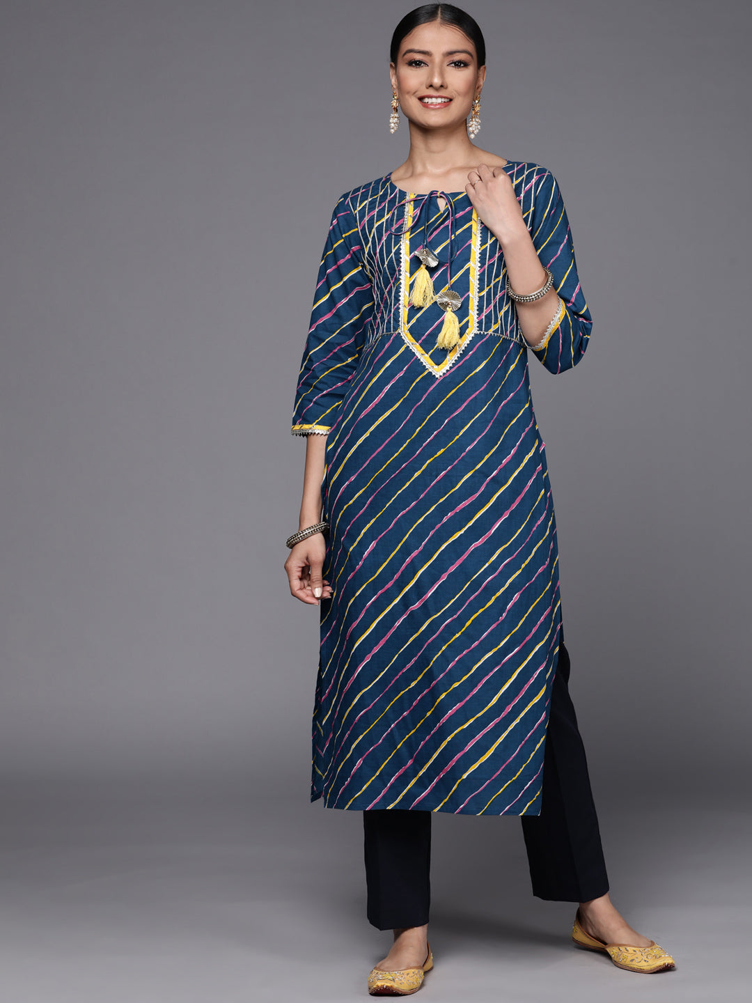 Varanga Blue Cotton Printed Straight Kurta With Lace Detailings - Distacart