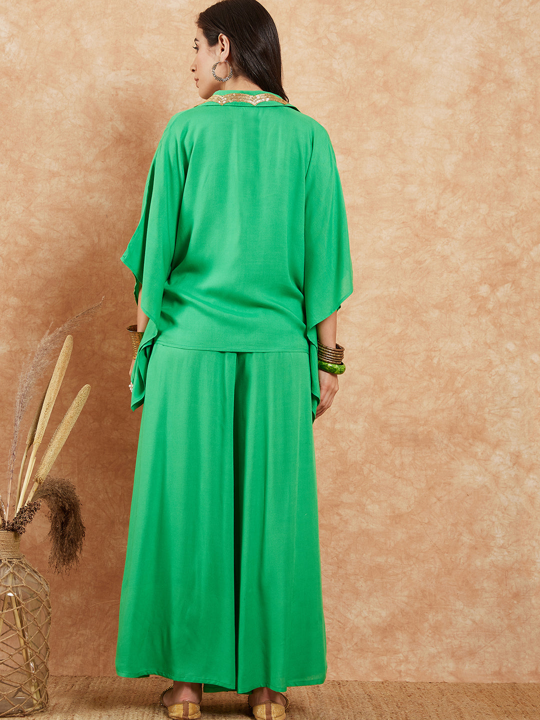 InWeave Women's Parrot Green Solid Collar Neck Boho Top Bottom Set - Distacart
