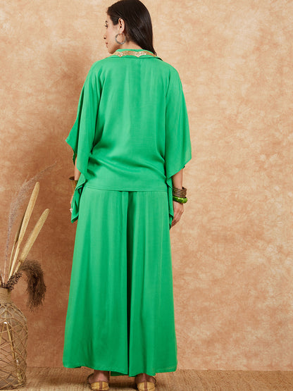 InWeave Women's Parrot Green Solid Collar Neck Boho Top Bottom Set - Distacart