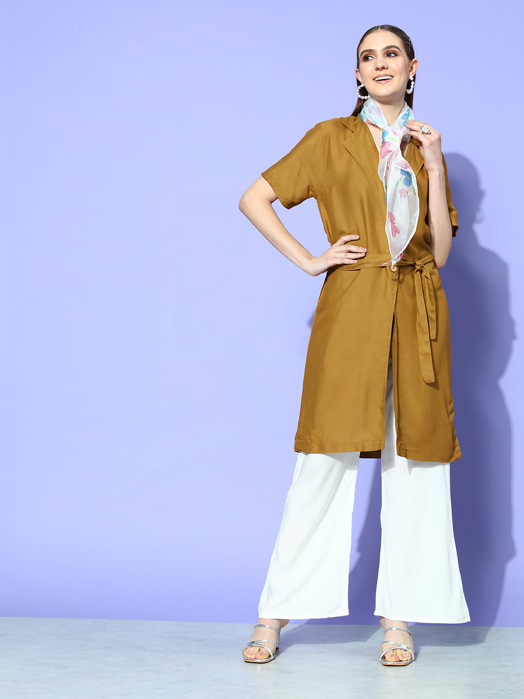 InWeave Women's Camel Brown Cream Pant Coord Set With White Butterfly Scarf - Distacart