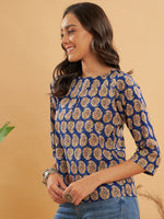 Thumbnail for InWeave Women's Ink Blue Small Paisley Kalamkari Top - Distacart