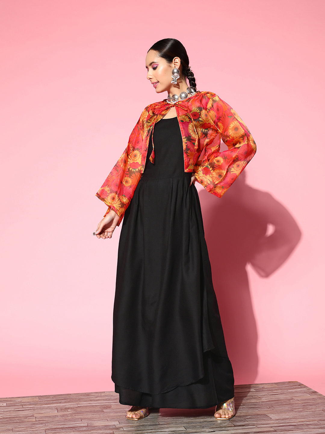 InWeave Women's Black Strappy Set With Pink Mustard Floral Short Organza Cape - Distacart