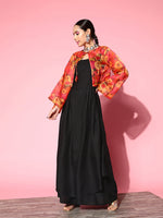 Thumbnail for InWeave Women's Black Strappy Set With Pink Mustard Floral Short Organza Cape - Distacart