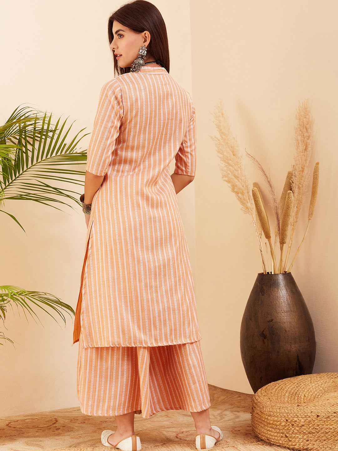 InWeave Women's Light Mustard Lurex Kantha Mandarin Neck Kurta Palazzo Set - Distacart