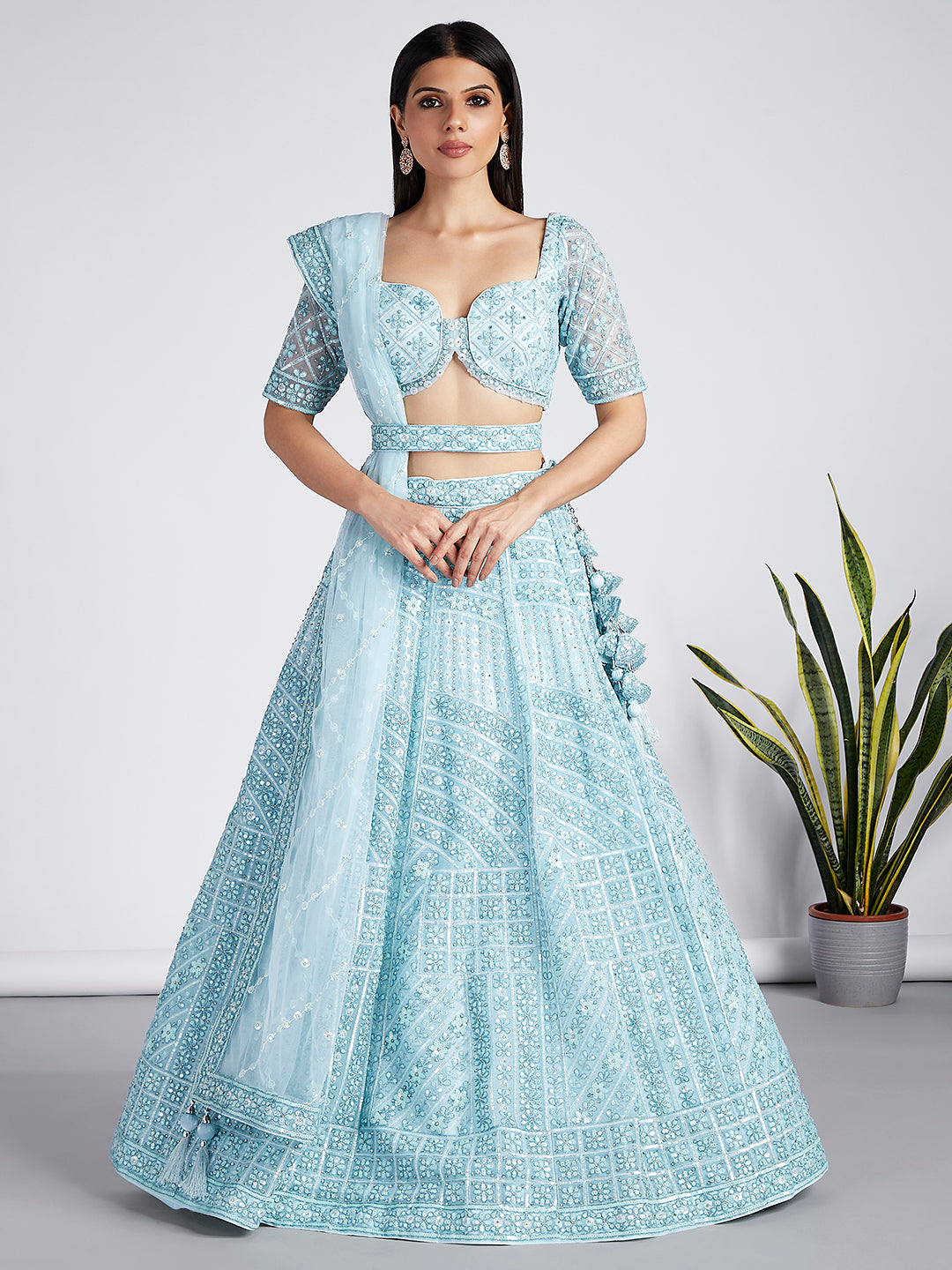 House of Panchhi Turquoise Blue Net Sequins, Zarkan And Thread Embroidery Lehenga Choli & Dupatta - Distacart