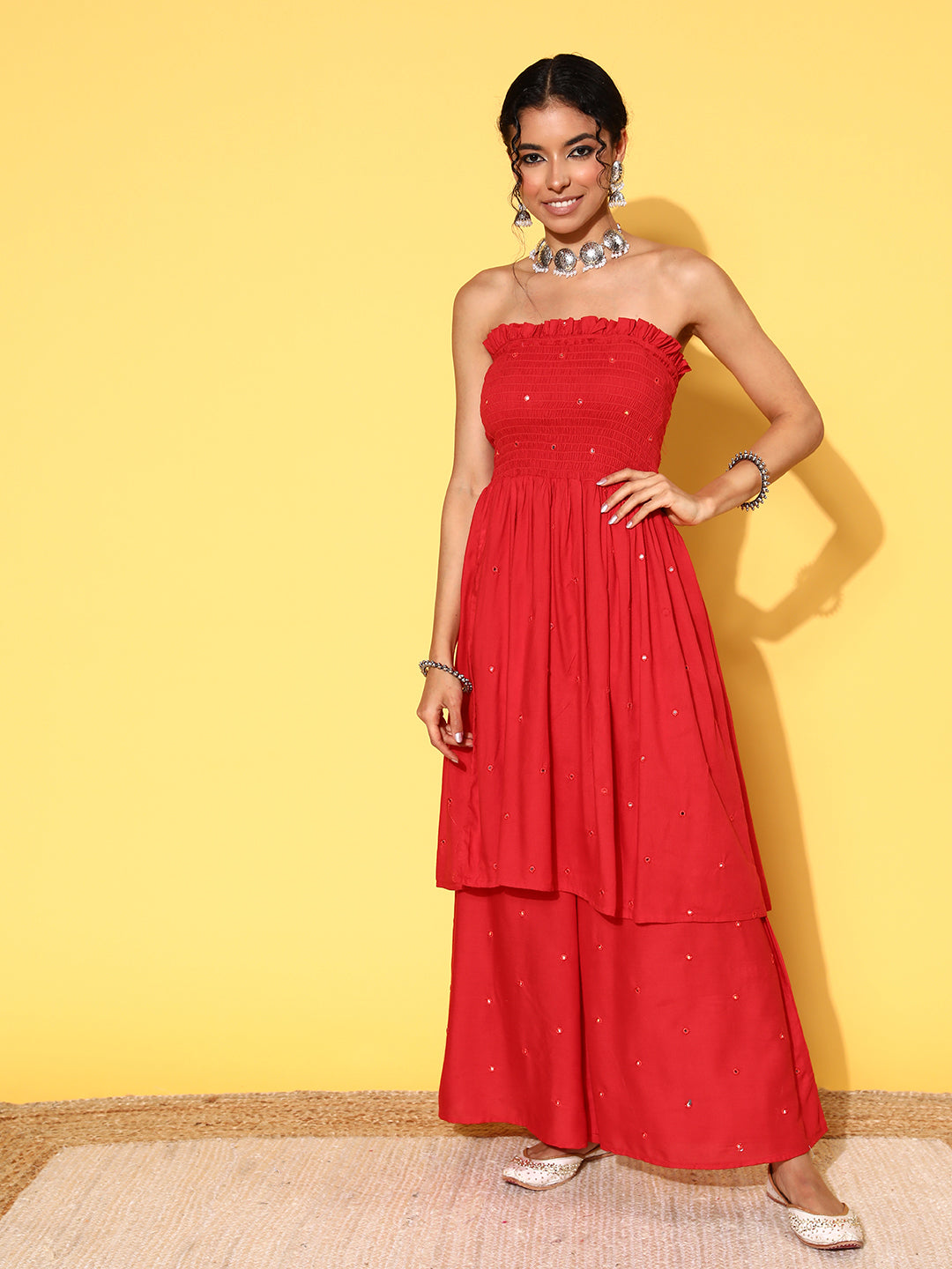 InWeave Women's Red Mirror Work Off Shoulder Kurta Set - Distacart