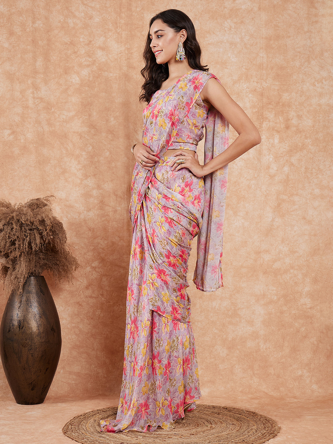 InWeave Women's Pastel Mauve Hibiscus Floral Skirt Saree - Distacart