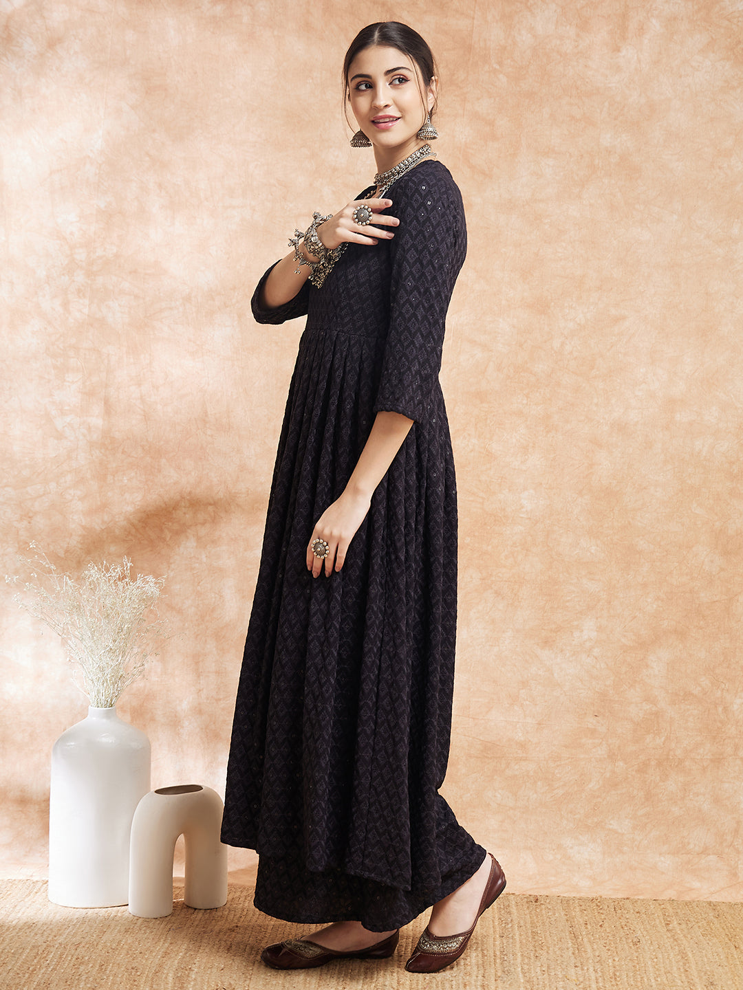 InWeave Women's Black Chikankari Long Anarkali Kurta Sharara Set - Distacart