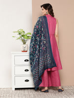 Thumbnail for InWeave Women's Fuchsia Lurex Boho Kurta Set With Blue Printed Cotton Dupatta - Distacart