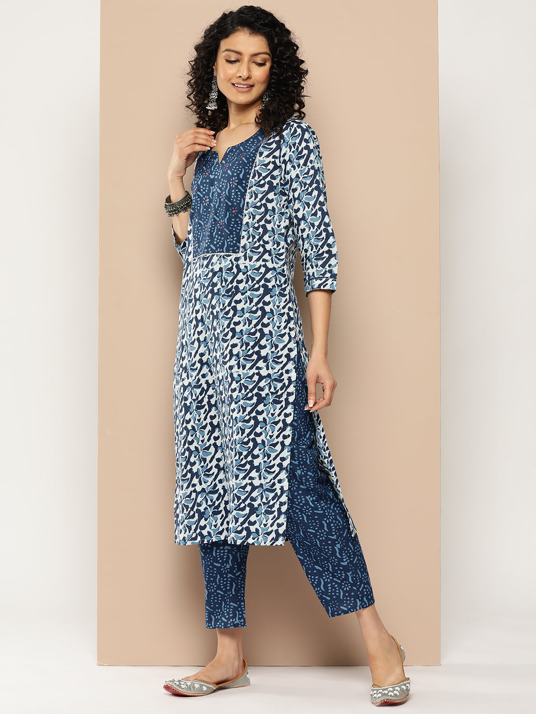 KSUT (House of Varanga) Blue And White Cotton Printed Yoke Design Kurta Paired With Printed Dupatta And Trouser - Distacart