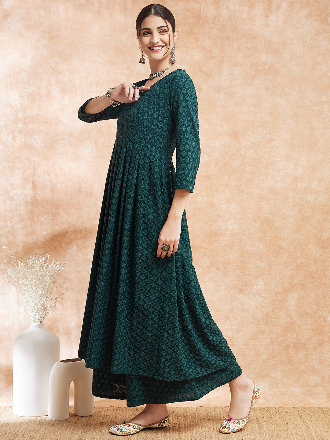 InWeave Women's Forest Green Chikankari Long Anarkali Kurta Sharara Set - Distacart