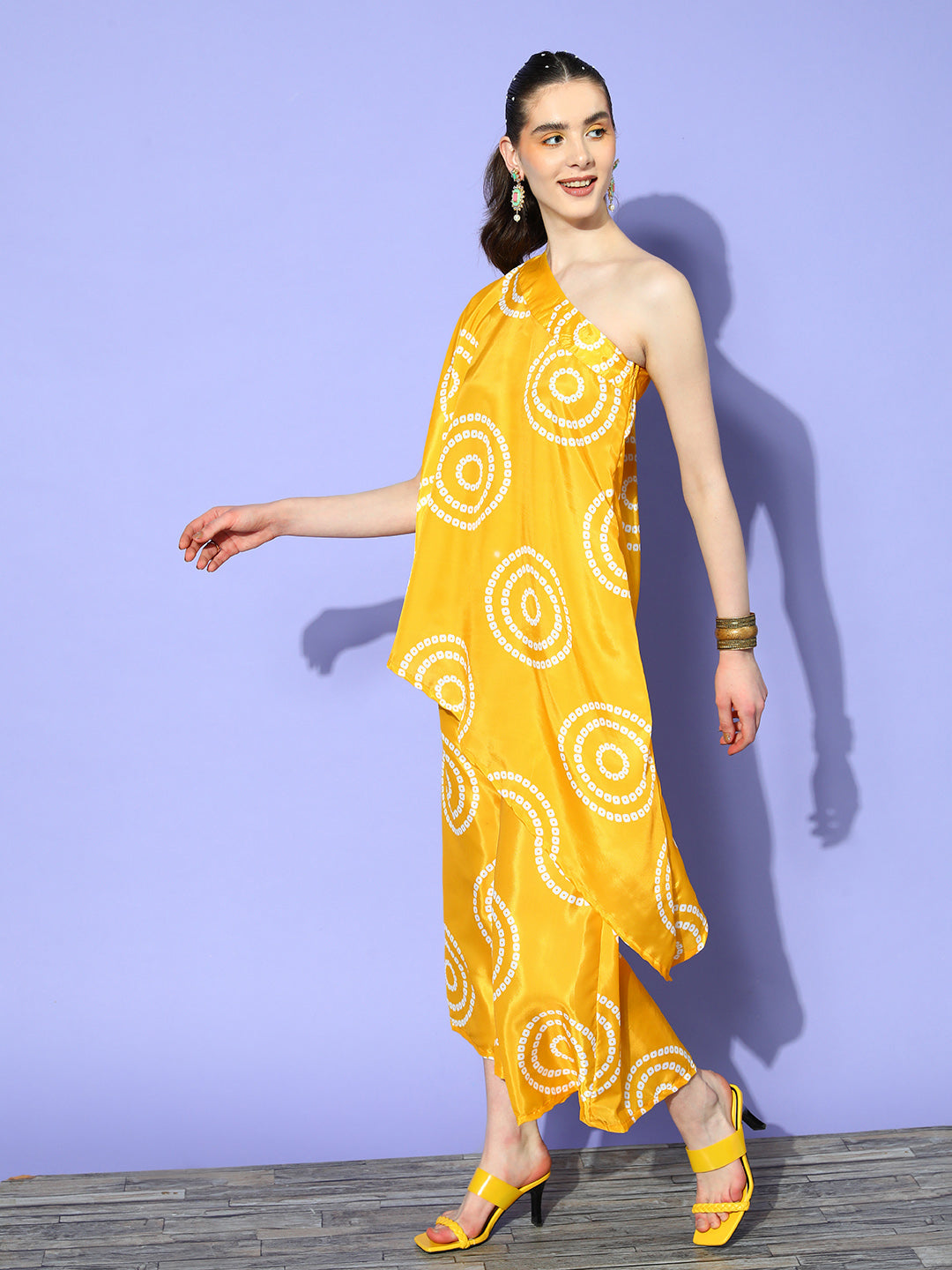 InWeave Women's Yellow Bandhani Motif One Shoulder Palazzo Set - Distacart