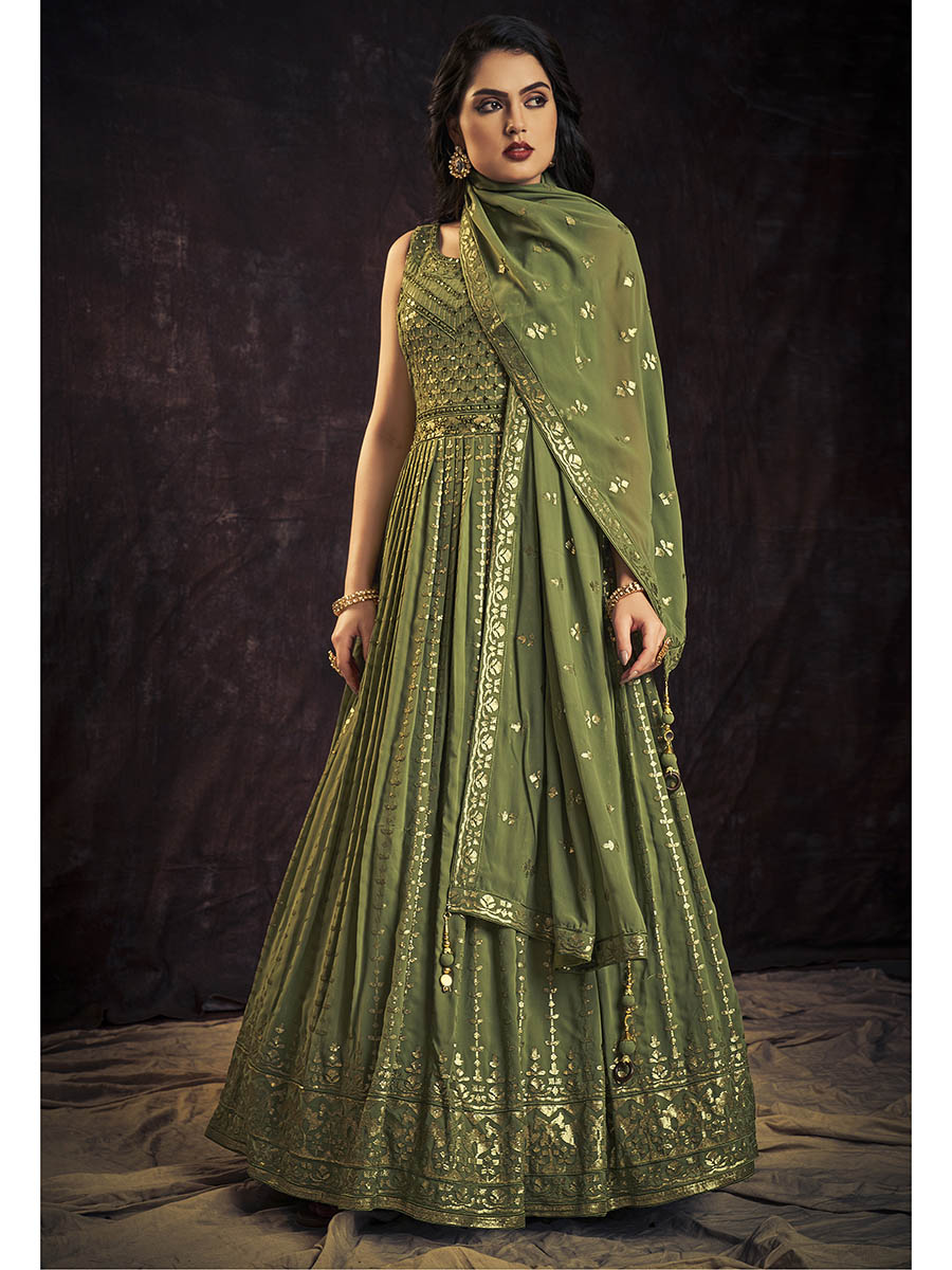 GREEN DESIGNER HEAVY WEDDING PARTY WEAR LONG SALWAR SUIT IN NET FABRIC WITH  EMBROIDERY AND STONE WORK SEMI STITCHED - shreematee - 4090333