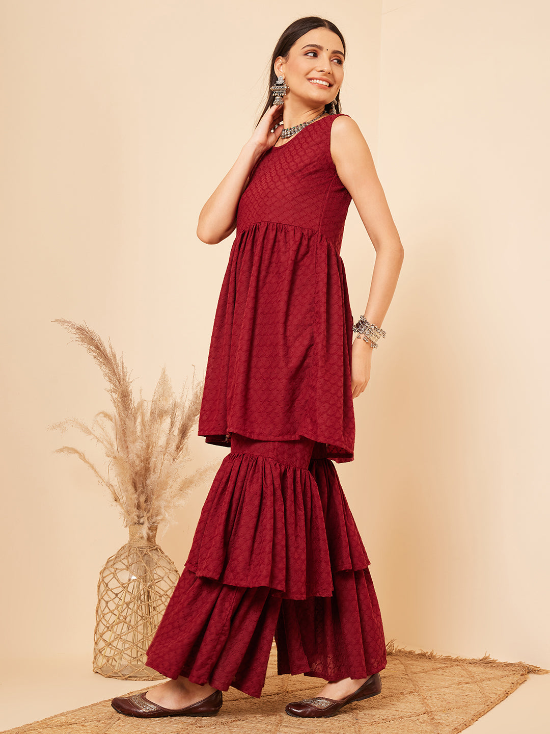 InWeave Women's Carmine Maroon Lace Work Double Layer Sharara Set - Distacart