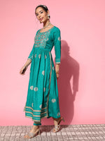 Thumbnail for InWeave Women's Teal Nyra Cut Embroidered Kurta Set With Dupatta - Distacart
