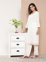 Thumbnail for InWeave Women's Cream Straight Kurta Set W Pink White Print Organza Dupatta - Distacart