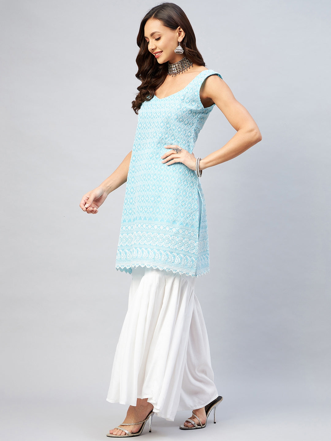InWeave Women's Sky Blue Sweetheart Neckline Kurta - Distacart