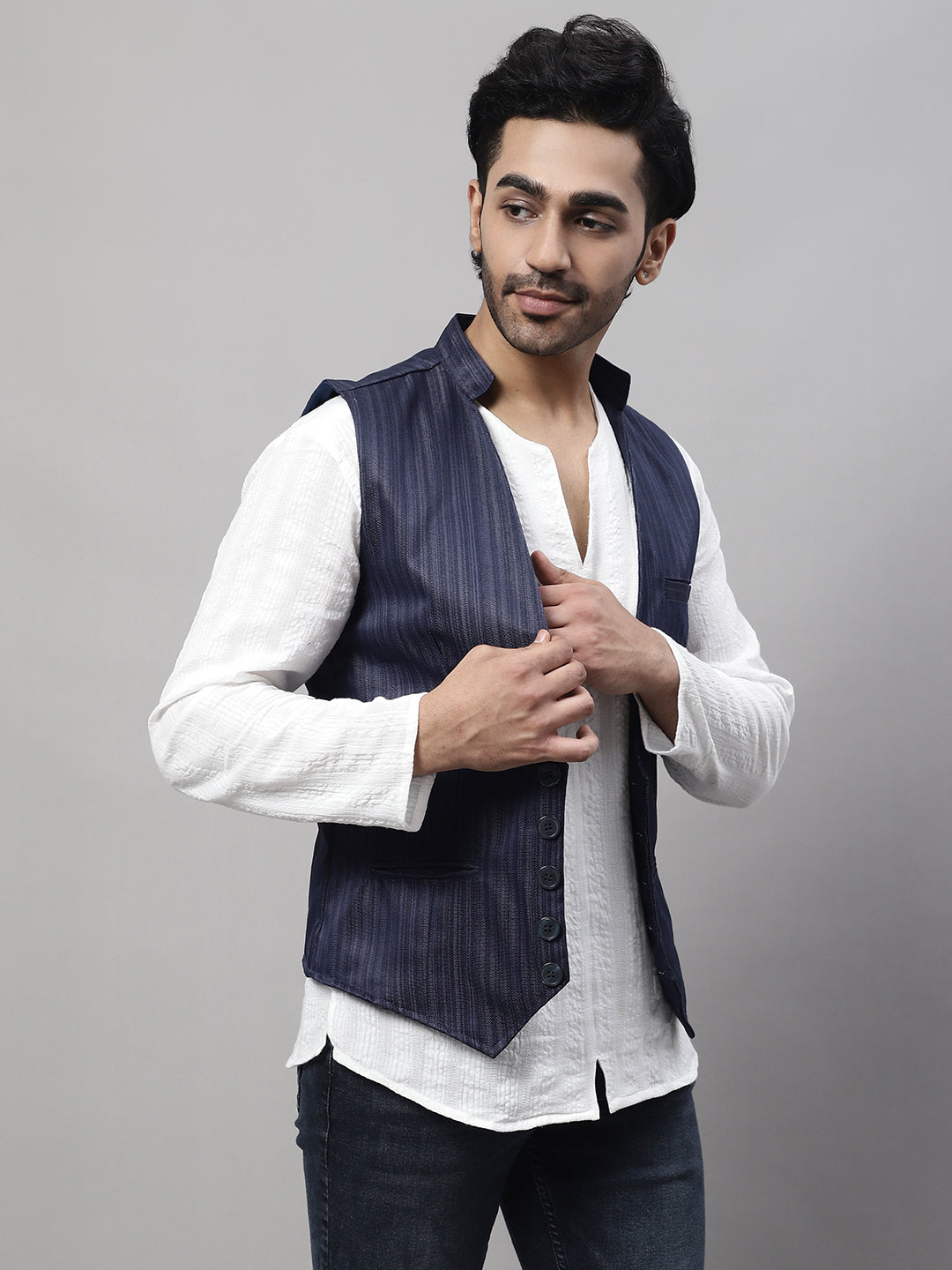 Even Apparels Men's Blue Nehru Jacket With Welt Pockets - Distacart