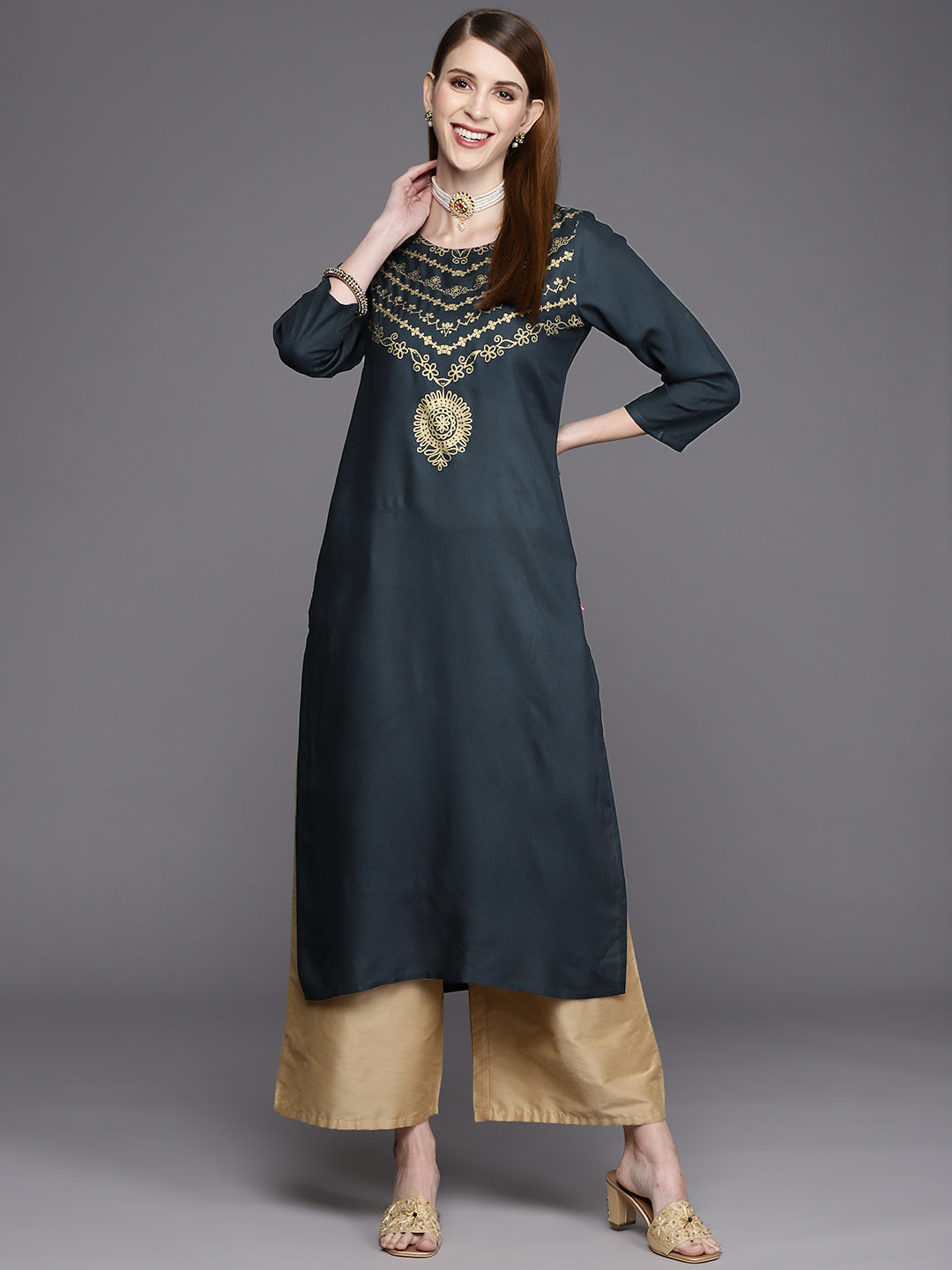 Varanga Women Blue Placement Printed Straight Kurta - Distacart