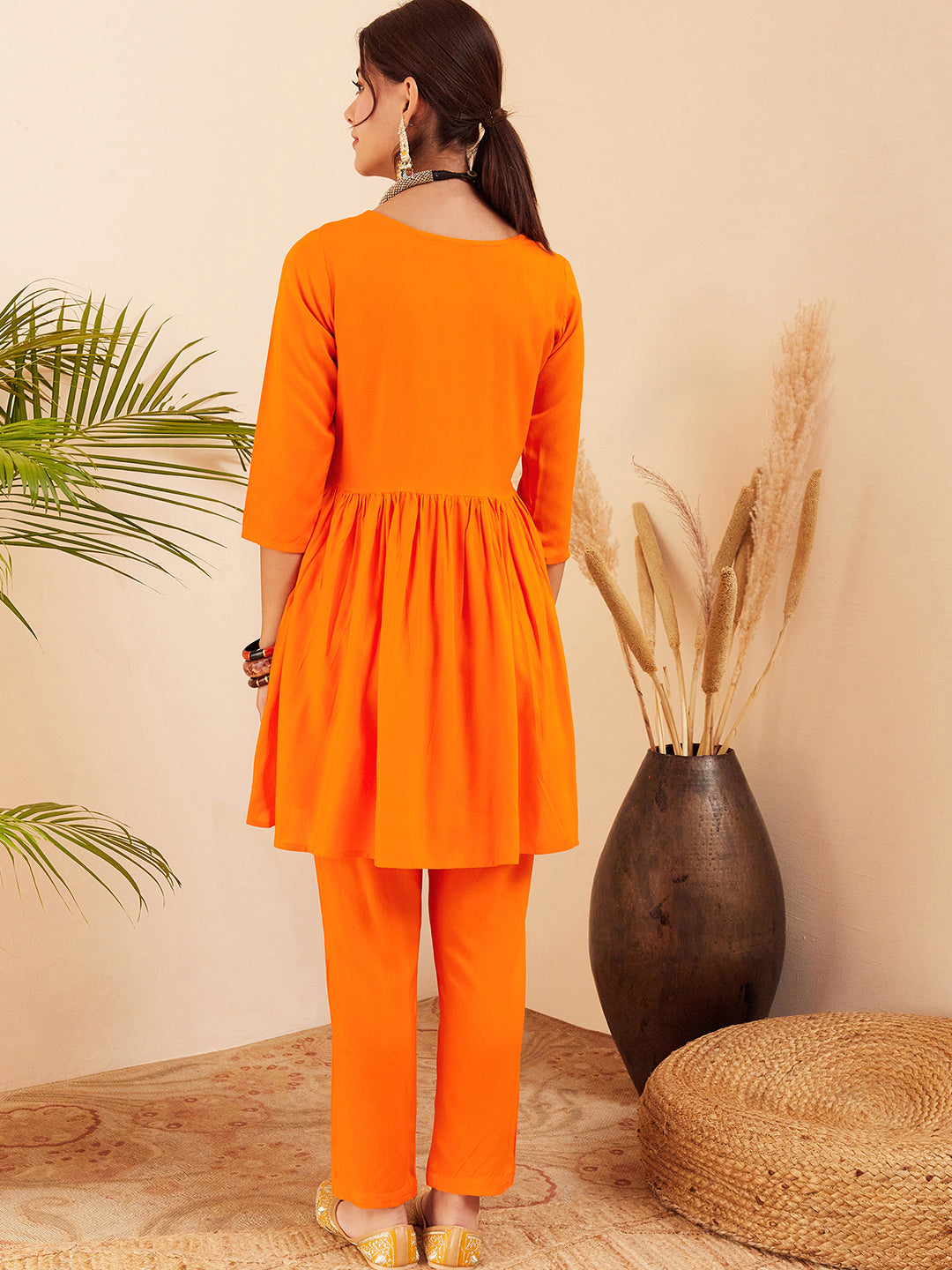 InWeave Women's Orange Round Neck Square Gota Work Kurta Pant Set - Distacart