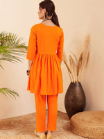 Thumbnail for InWeave Women's Orange Round Neck Square Gota Work Kurta Pant Set - Distacart